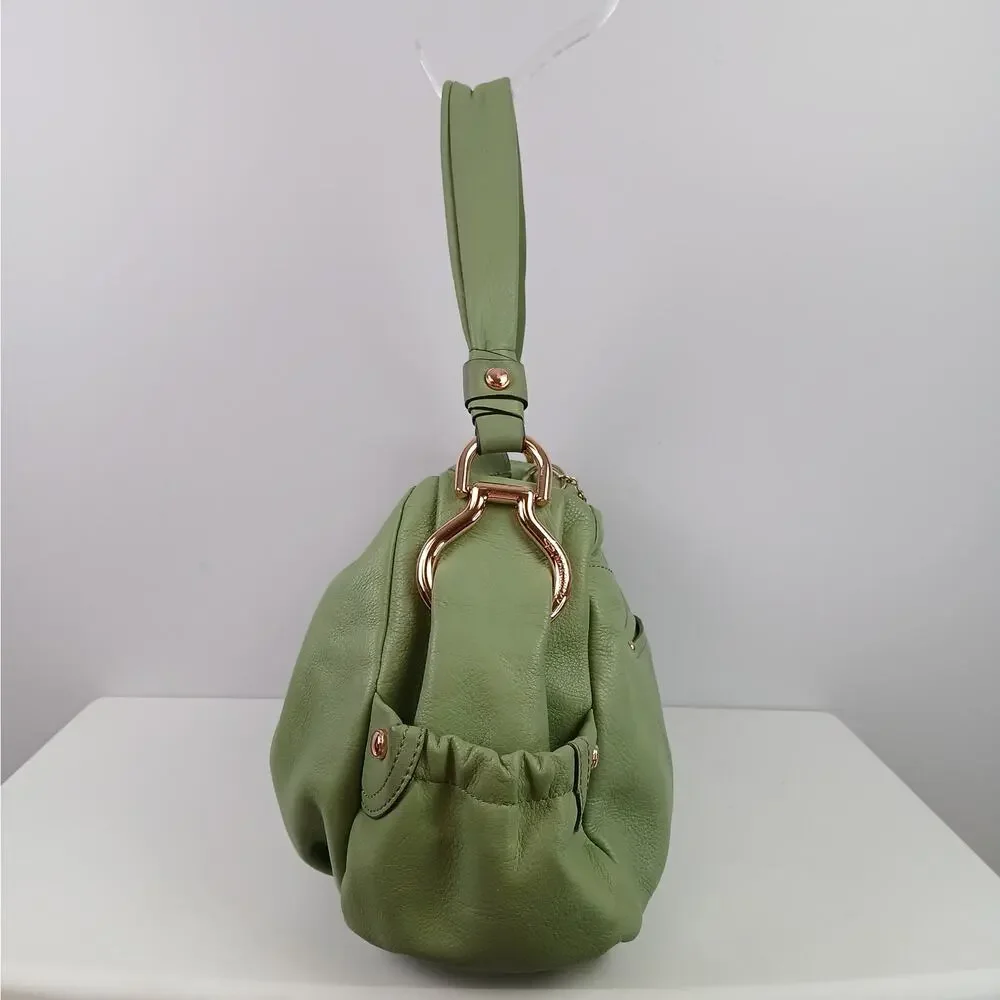 B Makowsky Buttery Green Leather Top Handle Hobo Purse Gold Hardware